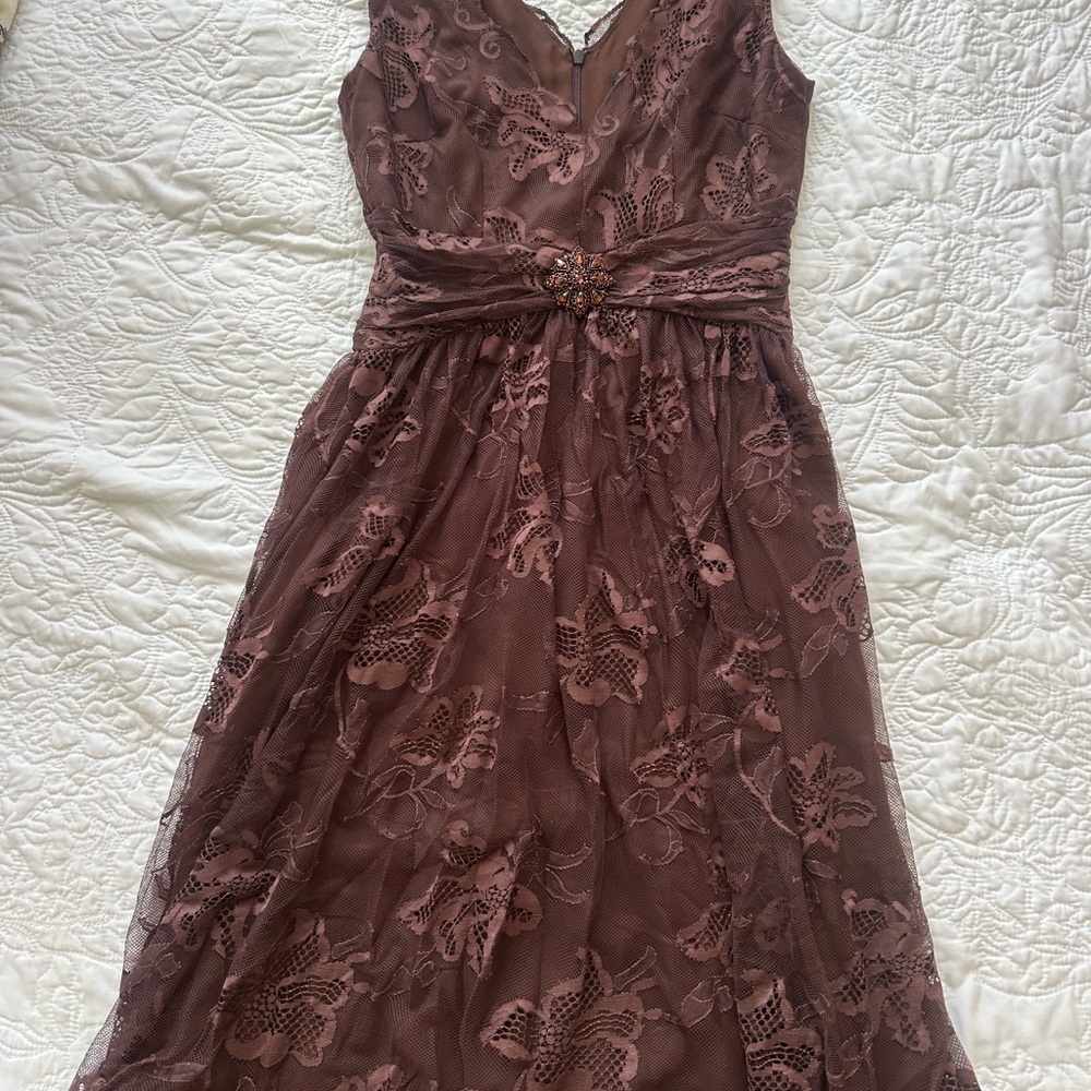 David Meister Dusty Mauve Lace Maxi Dress with Jeweled Waist